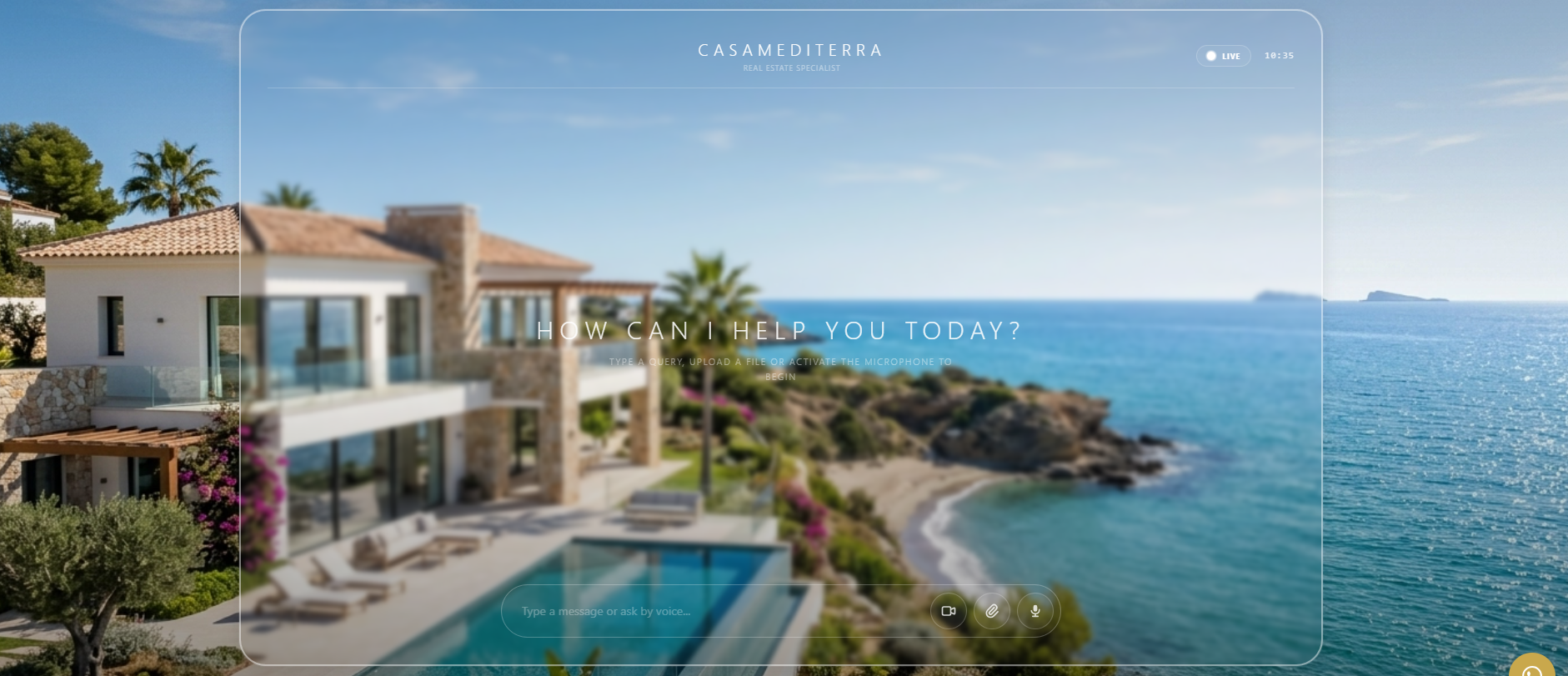 AI widget on CasaMediterra.com — real estate assistant helping customers find villas on Costa Blanca via voice and text chat